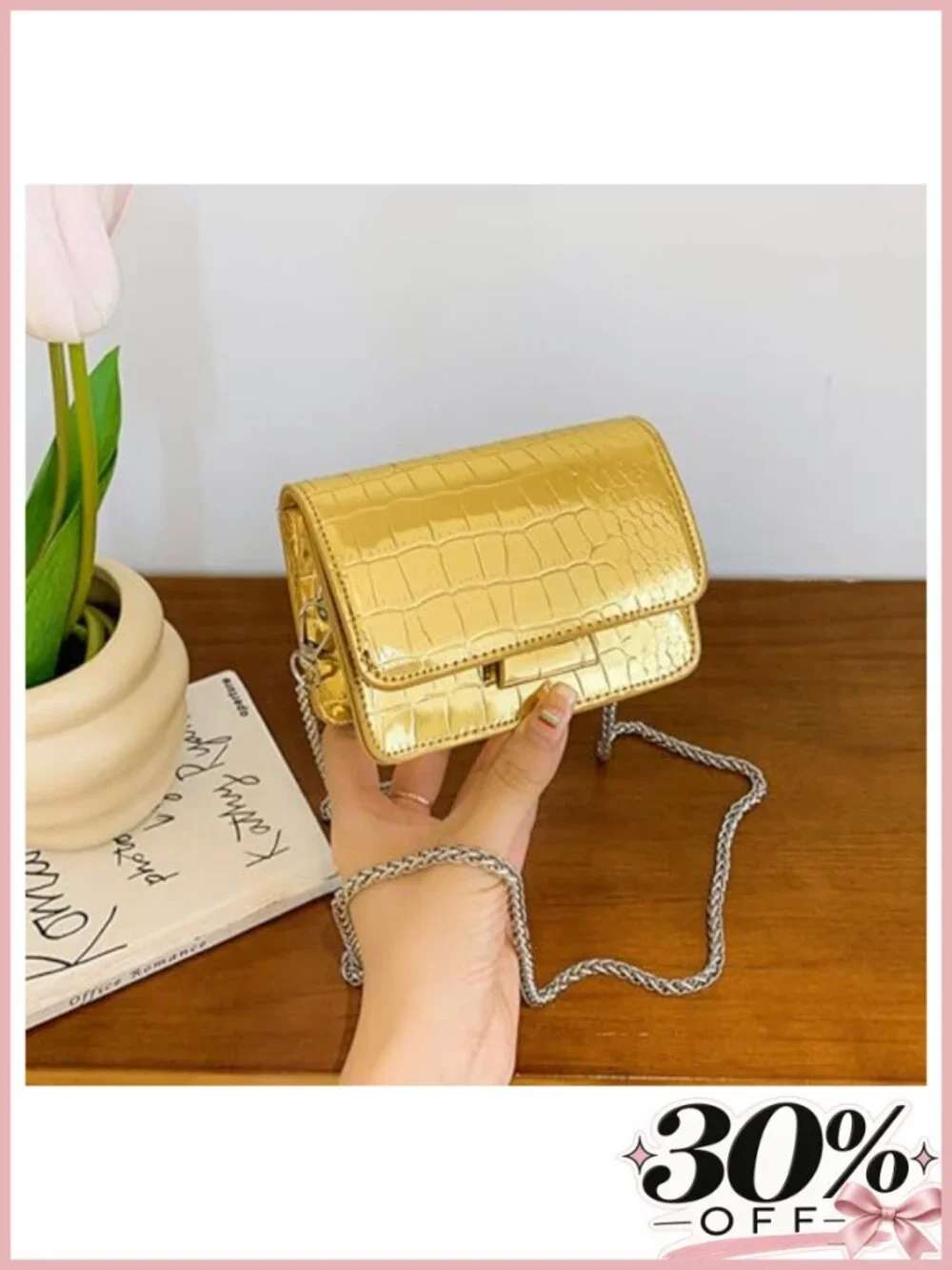Mini Crossbody Bag Patent Leather Crocodile Purse Detachable Chain Strap